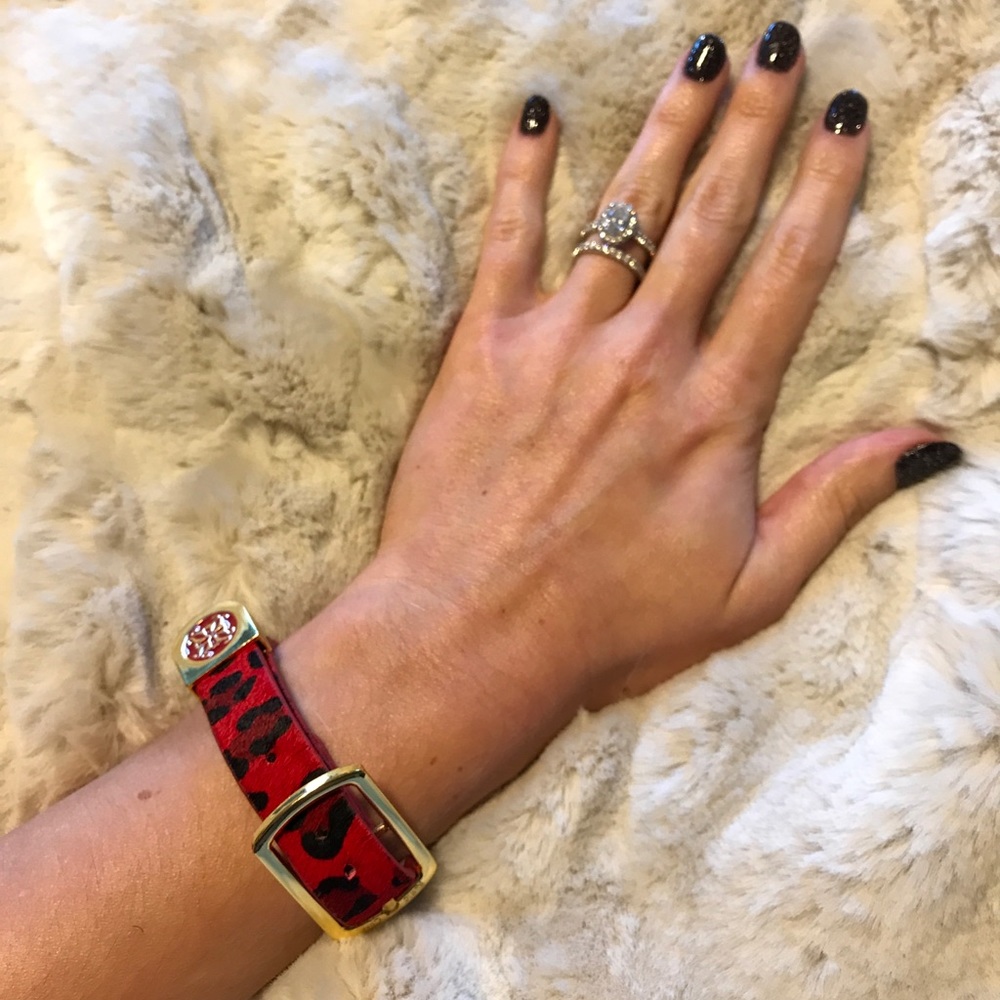 RUSTIC CUFF— Red, leopard, calfskin wrap bracelet!